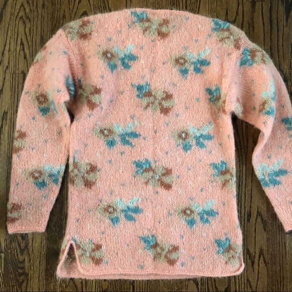 Vintage 1980’s fuzzy mohair floral tunic sweater peachy keen size M - Picture 3 of 5